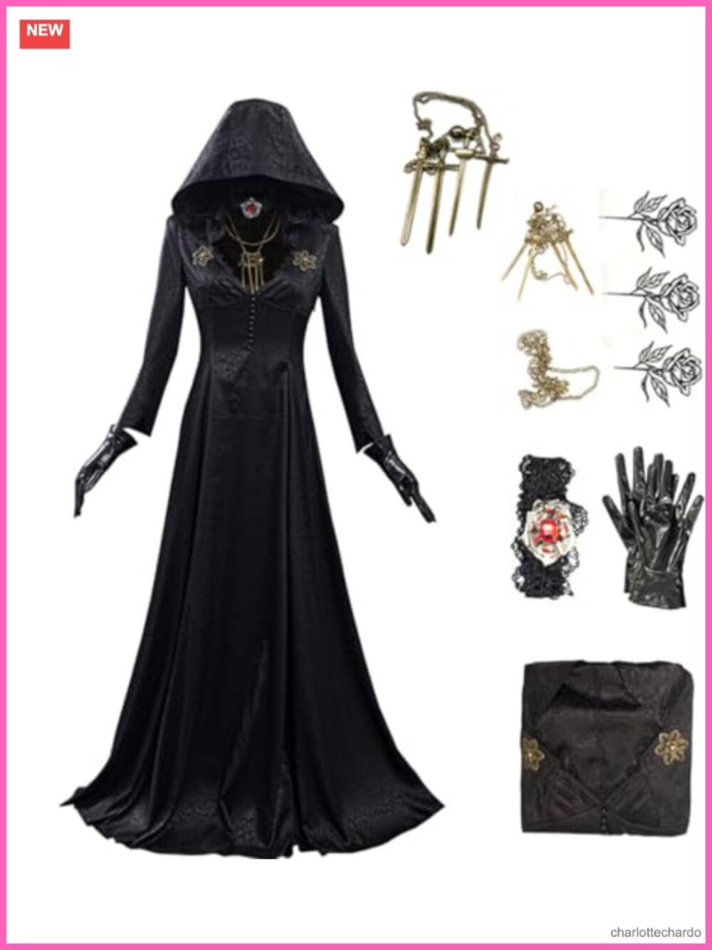 Womens Vampire Lady Cosplay Dress Hooded Cloak Halloween Costume Set